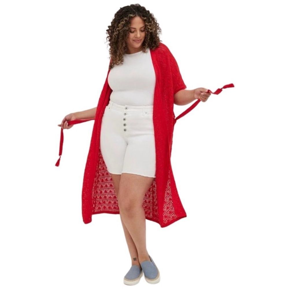 Torrid Red Crochet Knit Long Tassel Belted Cardigan Duster Size 1/2